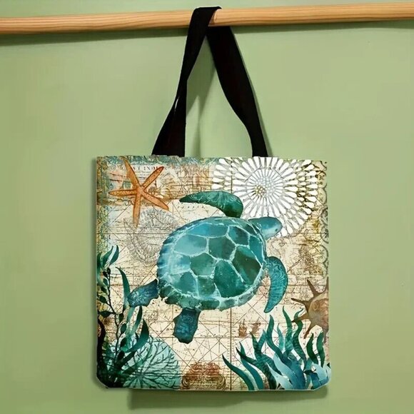 Sea Turtle Print Large Capacity Shoulder Tote Bag Storage Bag Travel Essential - Picture 1 of 2